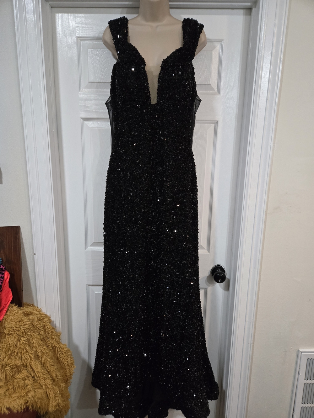Black Sequin Prom Dress with Deep V - Elegant Evening Gown
